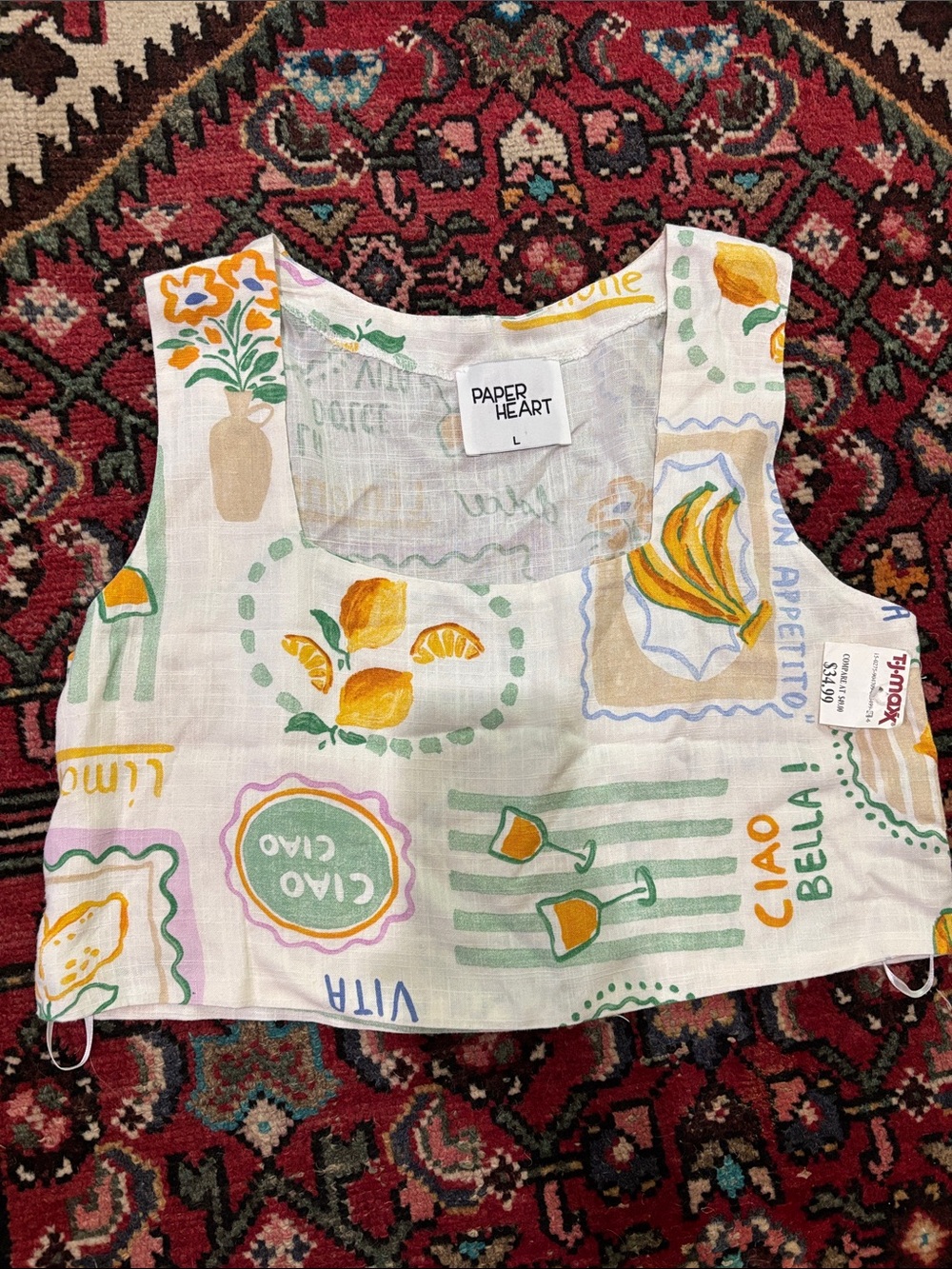 White Tank Top with Yellow & Green Citrus Print